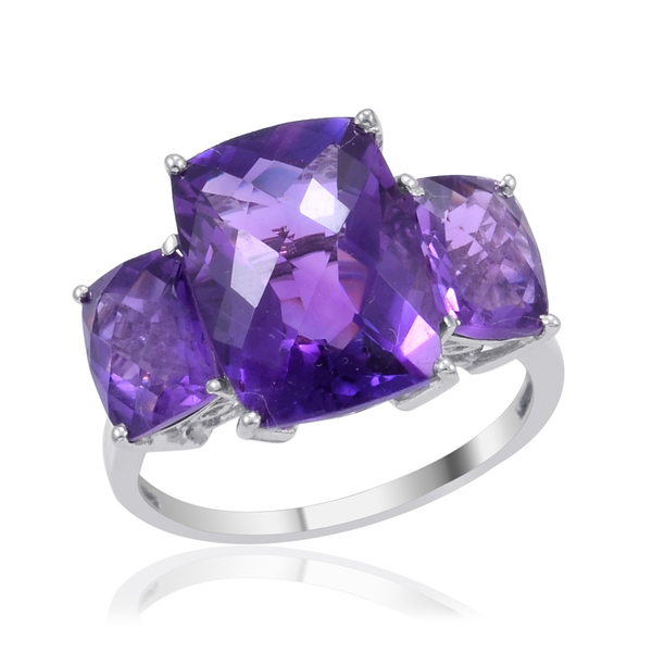 Zambian Amethyst (Cush 6.00 Ct) 3 Stone Ring in Platinum Overlay Sterling Silver 8.500 Ct.