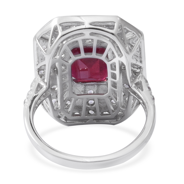 African Ruby (Oct 6.76 Ct), White Topaz Ring in Rhodium Overlay Sterling Silver 9.530 Ct, Silver wt 7.45 Gms.