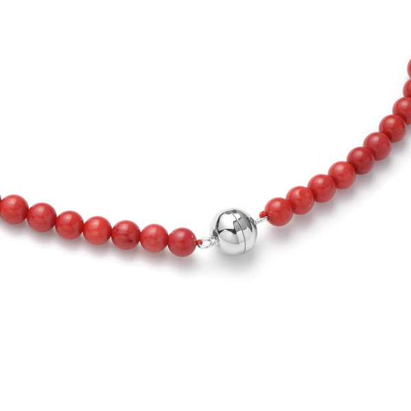 Coral Beads Necklace (Size 20) with Magnetic Lock in Rhodium Overlay Sterling Silver