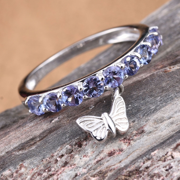 9K White Gold 1 Carat Tanzanite Half Eternity Ring with Butterfly Charm.