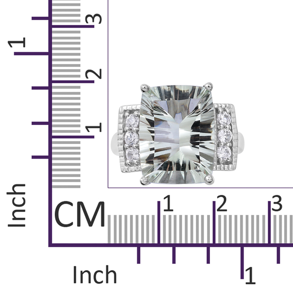Green Amethyst (Cush 8.97 Ct), Natural White Cambodian Zircon Ring in Rhodium Plated Sterling Silver 9.570 Ct.