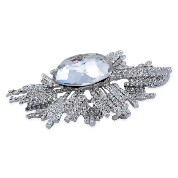 White Glass and Austrian Crystal Starburst Brooch Or Pendant in Silver Tone