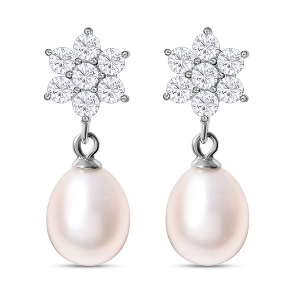 Freshwater White Pearl and Simulated Diamond Floral Drop Earrings (with Push Back) in Rhodium Overla