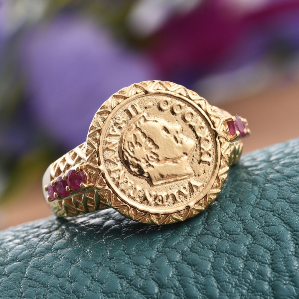 Stefy African Ruby (Rnd), Pink Sapphire Ring with Coin in 14K Gold Overlay Sterling Silver 0.500 Ct.