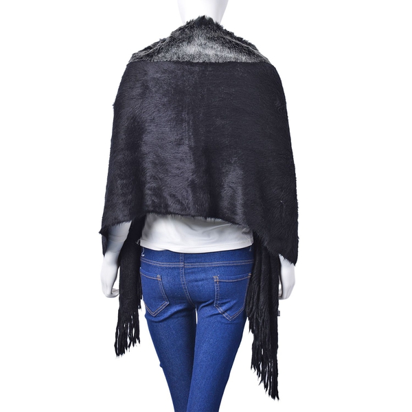 Winter Special - Black Colour Poncho with 6 Pom Pom and Faux Fur Collar (Size 160x55 Cm)