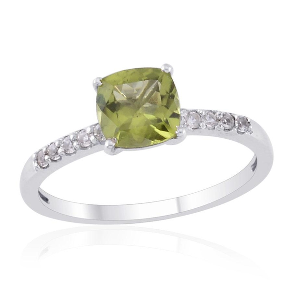 Hebei Peridot (Cush 1.25 Ct), White Topaz Ring in Platinum Overlay Sterling Silver 1.500 Ct.
