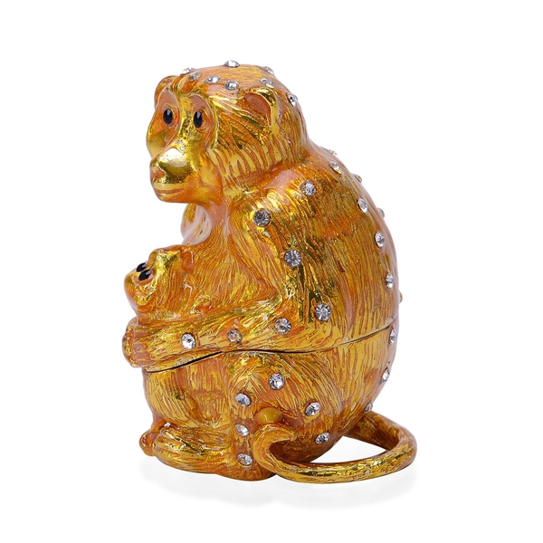 Green and White Austrian Crystal Studded Gold Enameled Monkey Mother and Son Trinket Box