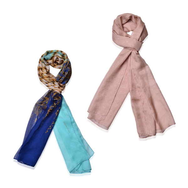 Set of 2 - Designer Inspired Chocolate and Pink Colour Scarf (Size 175x70 Cm)