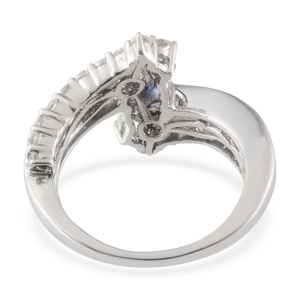 Kanchanaburi Blue Sapphire (Mrq), White Topaz Crossover Ring in Platinum Overlay Sterling Silver 2.500 Ct.