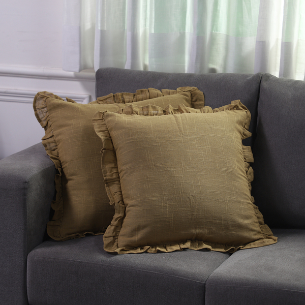 Set of 2  Cottton Linen Solid Cushion Cover with Ruffled Flange - Teal