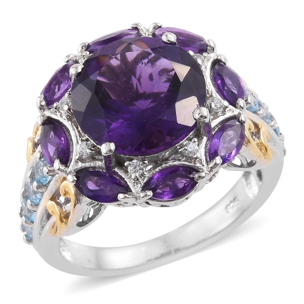 Amethyst (Rnd), Signity Blue Topaz, Natural Cambodian Zircon Ring in Platinum and Yellow Gold Overla