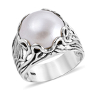 Royal Bali Collection - Mabe White Pearl (Rnd 14-15 mm) Ring (Size M) in Sterling Silver