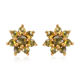 Yellow Diamond Floral Stud Earrings (with Push Back) in Platinum Overlay Sterling Silver