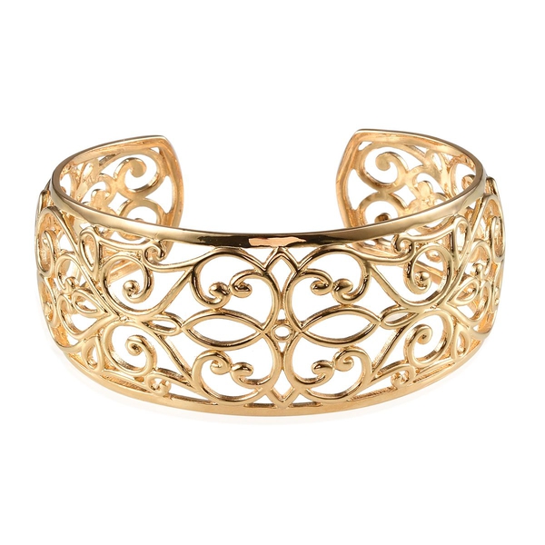 Filigree Cuff Bangle in ION Plated 18K Yellow Gold Bond (Size 7.5)