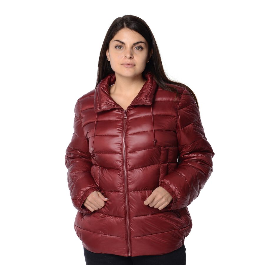 Wine Colour Women Short Puffer Jacket with Two Pockets - M3435713 - TJC