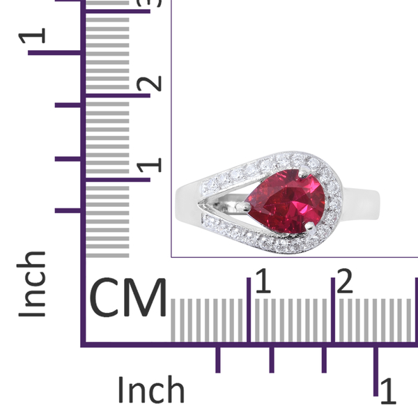 ELANZA Simulated Ruby (Pear), Simulated Diamond Ring in Rhodium Overlay Sterling Silver