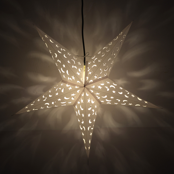 Home Decor - Laser Cut Moon and Star Pattern White Colour Handmade Star with Electric Cable (Size 60