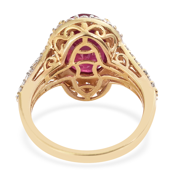 Limited Edtion- Designer Inspired- Very Rare  African Ruby (Ovl 14X10 mm 7.75 Ct), Natural CambodianWhite Zircon Ring in 14K Gold Overlay Sterling Silver 9.000 Ct.