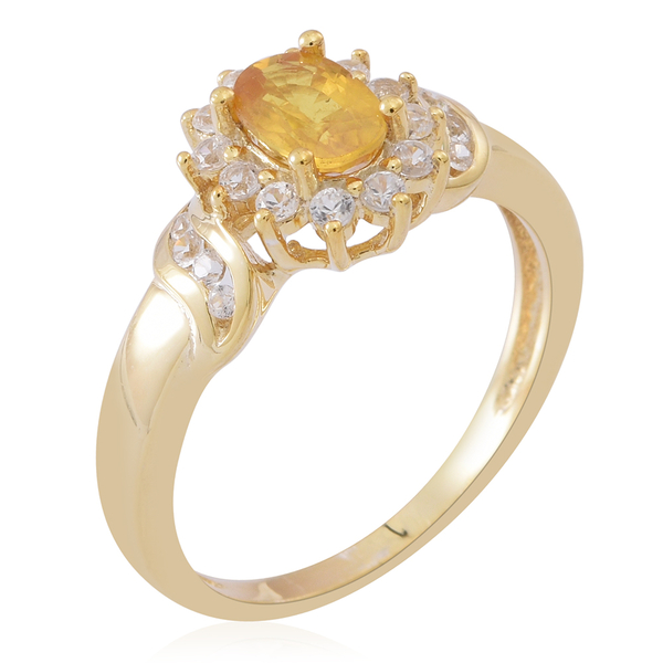Chanthaburi Yellow Sapphire (Ovl 1.15 Ct), Natural White Combodian Zircon Ring in 14K Gold Overlay Sterling Silver 2.000 Ct.