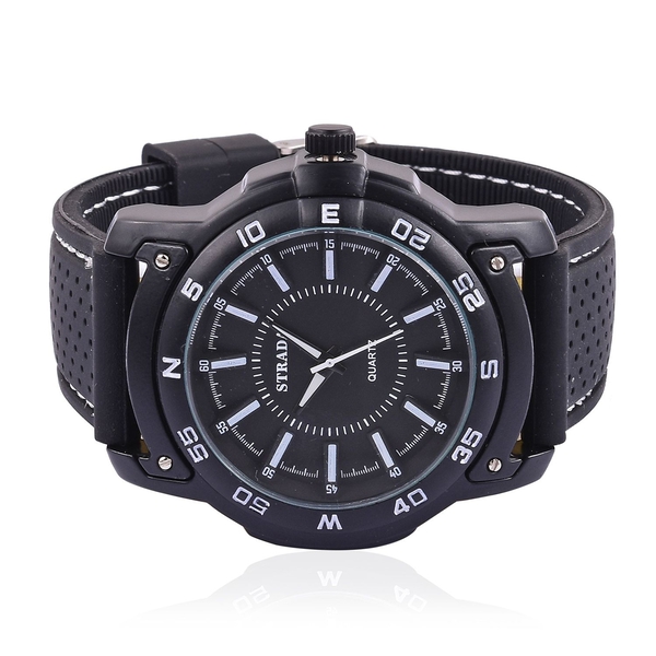 STRADA Japanese Movement Black Colour with White Marks Dial Water Resistant Watch in Black Tone with Stainless Steel Back and Black Colour Rubber Strap