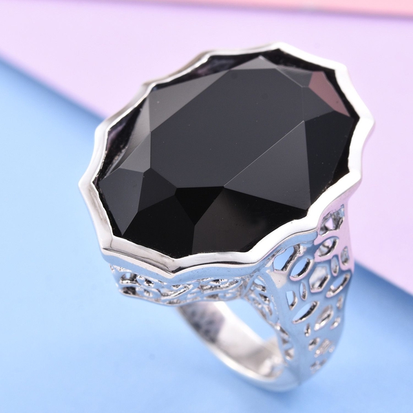 Lustro Stella  - Jet Crystal (Ovl) Ring in Platinum Overlay Sterling Silver