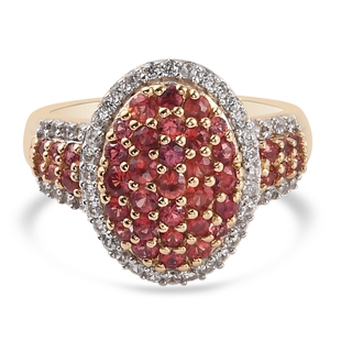 Red Sapphire and Natural Cambodian Zircon Cluster Ring in 14K Gold Overlay Sterling Silver 1.92 Ct.