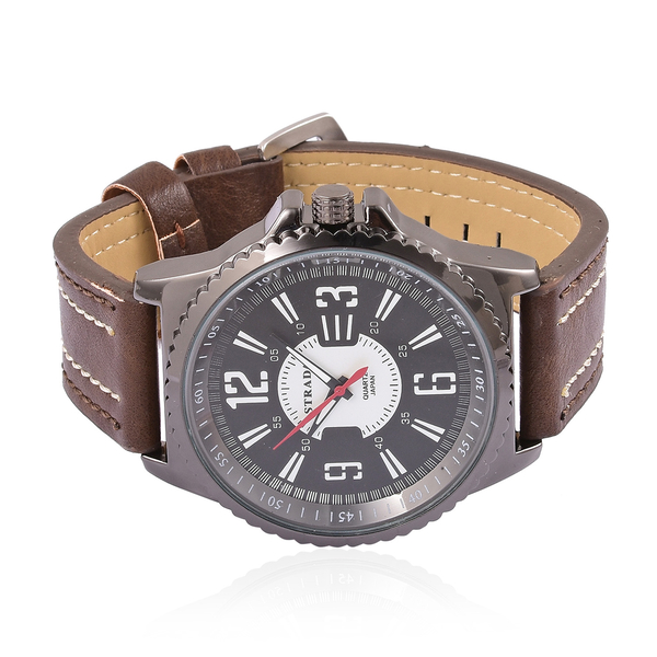 STRADA Japanese Movement Water Resistant Watch in Black Tone with Chocolate Colour Strap