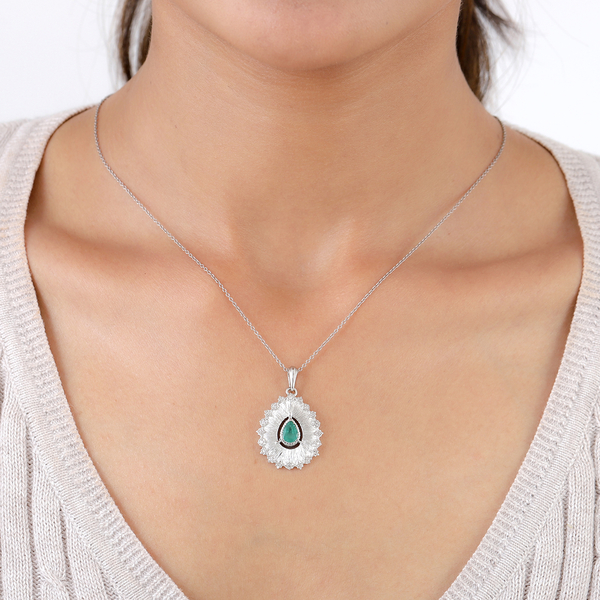 GP - Kagem Zambian Emerald, Natural Cambodian Zircon and Blue Sapphire Pendant in Platinum Overlay Sterling Silver