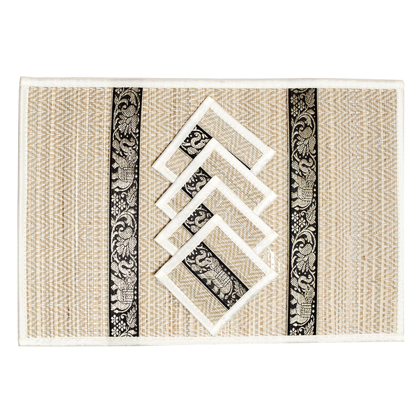 Traditional Thai Pattern Cream Bamboo Wicker Placemat (12x18) and Coaster (5x5) Set