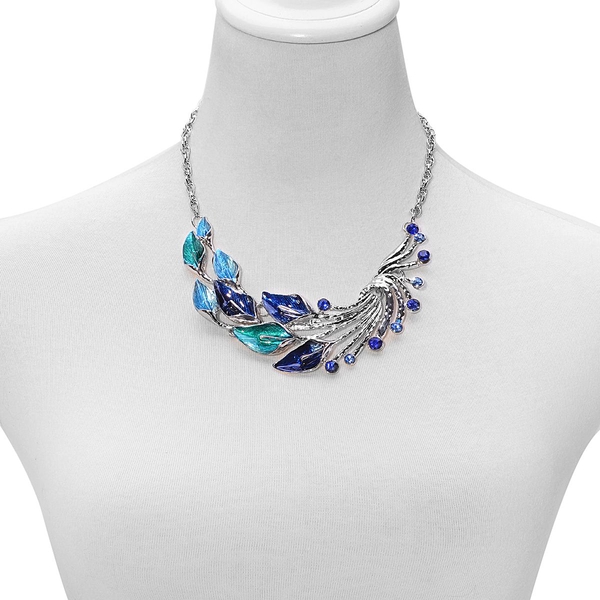 Blue Austrian Crystal Enameled Necklace (Size 18) and Earrings in Silver Tone