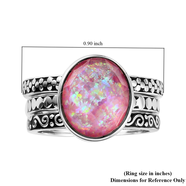Sajen Silver Cultural Flair Collection - Set of 3 Quartz Doublet Simulated Opal Pink Ring in Rhodium Overlay Sterling Silver 3.10 Ct, Silver Wt. 6.0 Gms