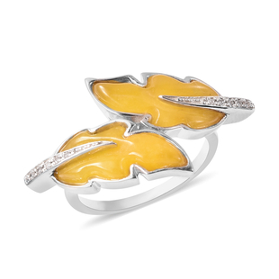 Isabella Liu Leaf Collection - Carved Yellow Jade and Natural Cambodian Zircon Leaf Bypass Ring in R