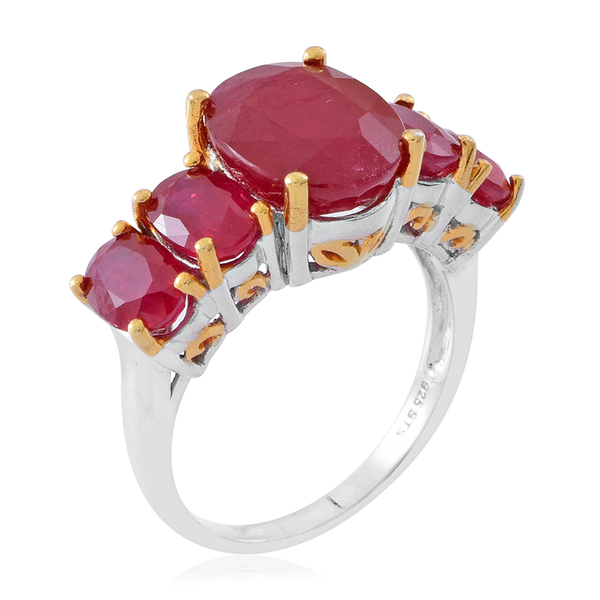 African Ruby (Ovl 6.75 Ct) 5 Stone Ring in Rhodium and 14K Gold Overlay Sterling Silver 11.500 Ct.
