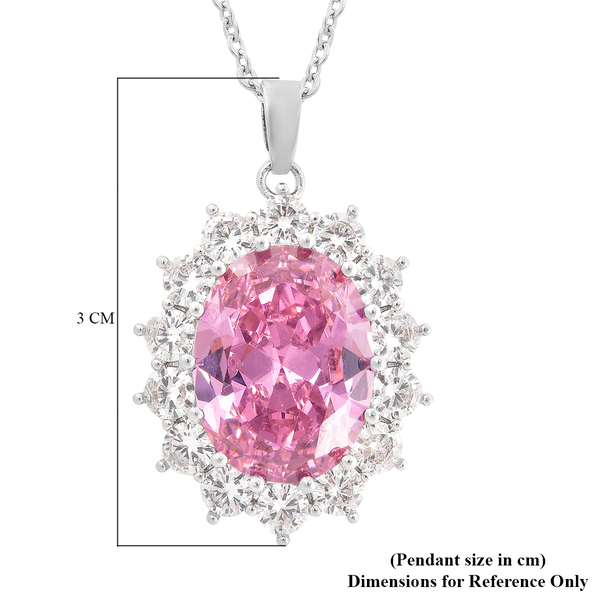 Simulated Pink Diamond & Simulated White Diamond Halo Pendant with Chain (Size 20 with 2 inch Extender) in Silver Tone