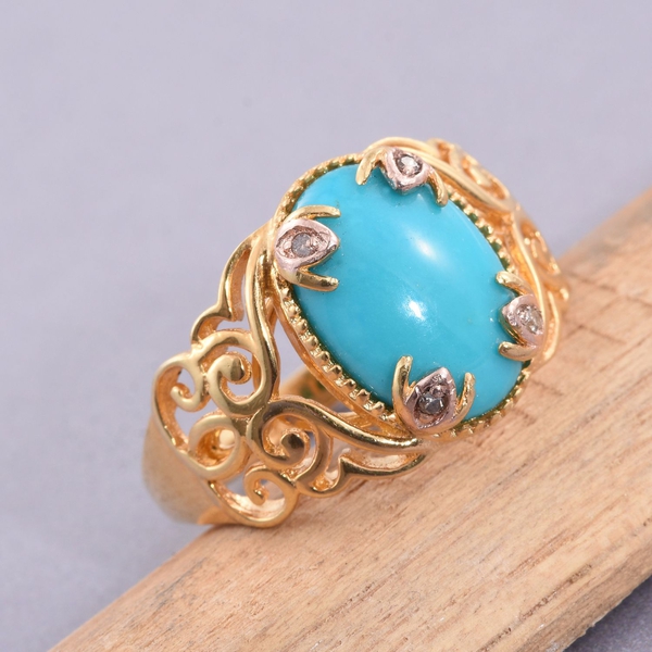 Arizona Sleeping Beauty Turquoise (Ovl), Natural Champagne Diamond Ring in 14K Gold Overlay Sterling Silver 4.270 Ct.