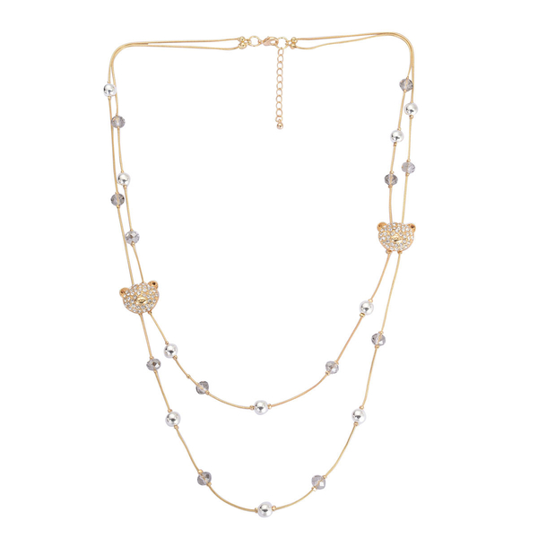 White Austrian Crystal and Grey Glass Double Strand Necklace (Size 24 with 3 inch Extender) in Gold Tone