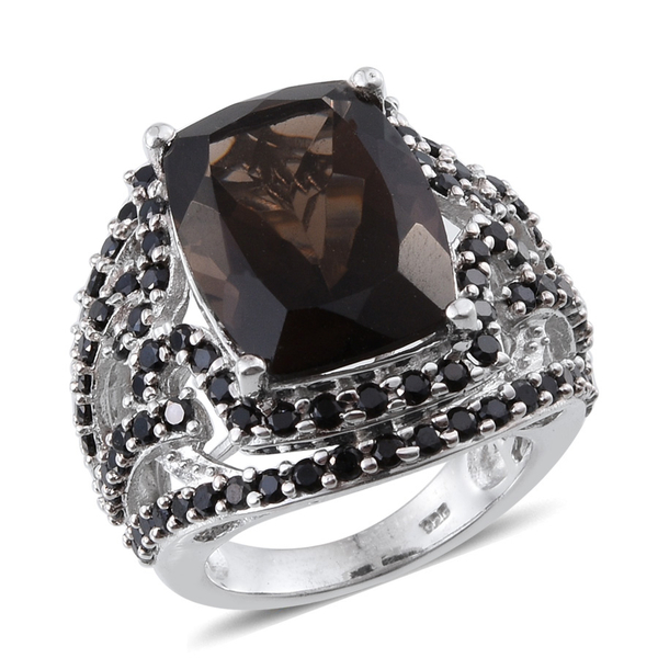 8 Ct Brazilian Smoky Quartz and Boi Ploi Black Spinel Halo Ring in Platinum Plated Silver