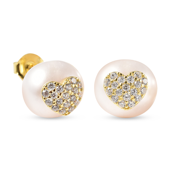 White Freshwater Pearl and Simulated Diamond Stud Earrings (with Push Back) in Yellow Gold Overlay Sterling Silver