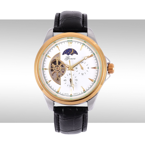 GENOA Automatic Skeleton White and Golden Dial Water Resistant Watch in Gold Tone with Stainless Steel Back and Black Colour Strap