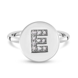 White Diamond Initial-E Ring in Platinum Overlay Sterling