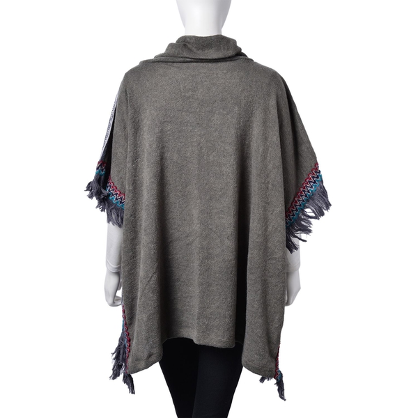 Grey, Red and Multi Colour Leopard Pattern Turtle Neck Poncho with Tassels (Free Size)