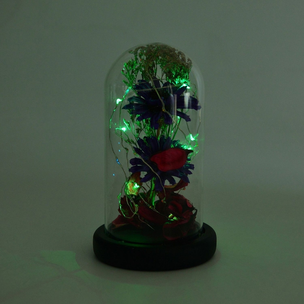 Blue Gerbera Daisy Flowers and Fallen Petals Preserved in Glass Dome with LED Lights (Size 20X10 Cm)