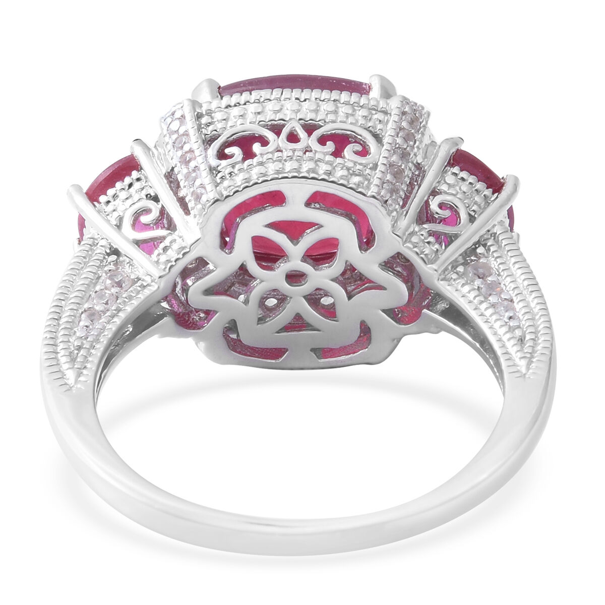 African Ruby (Cush 7.00 Ct), Natural White Cambodian Zircon Ring in Rhodium Overlay Sterling Silver 7.850 Ct, Silver wt 5.70 Gms.