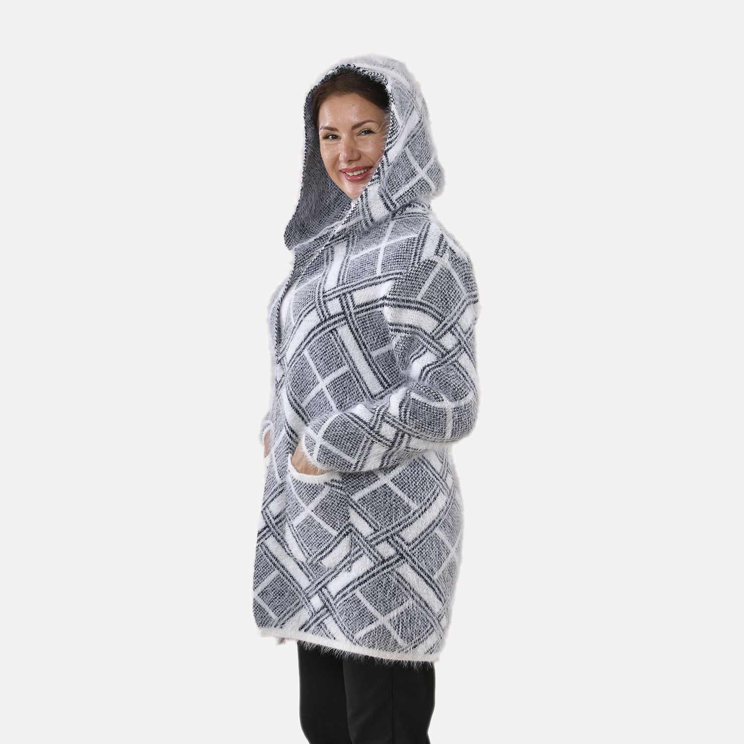 TAMSY Square Pattern Hooded Women's Coatigans - One Size (8-20) - Grey