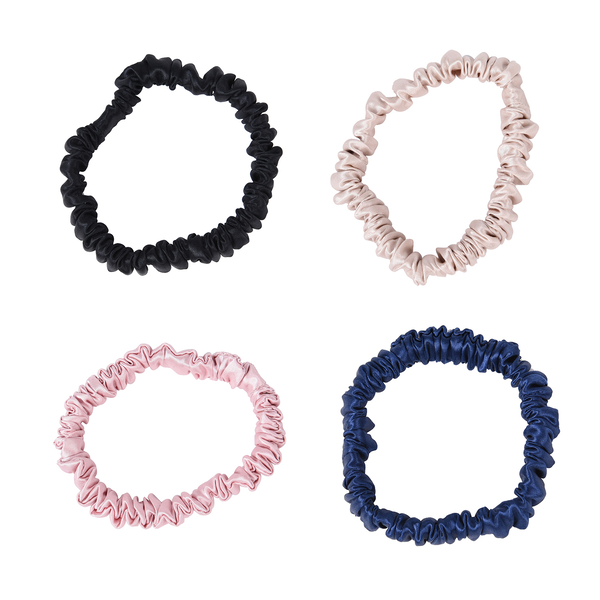 Set of 4 (Thin) - 100% Mulberry Silk Scrunchies in Black, Pink, Navy & Champagne