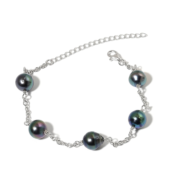 Tahitian Pearl Station Bracelet (Size 7.5 with 2 inch Extender) in Platinum Overlay Sterling Silver