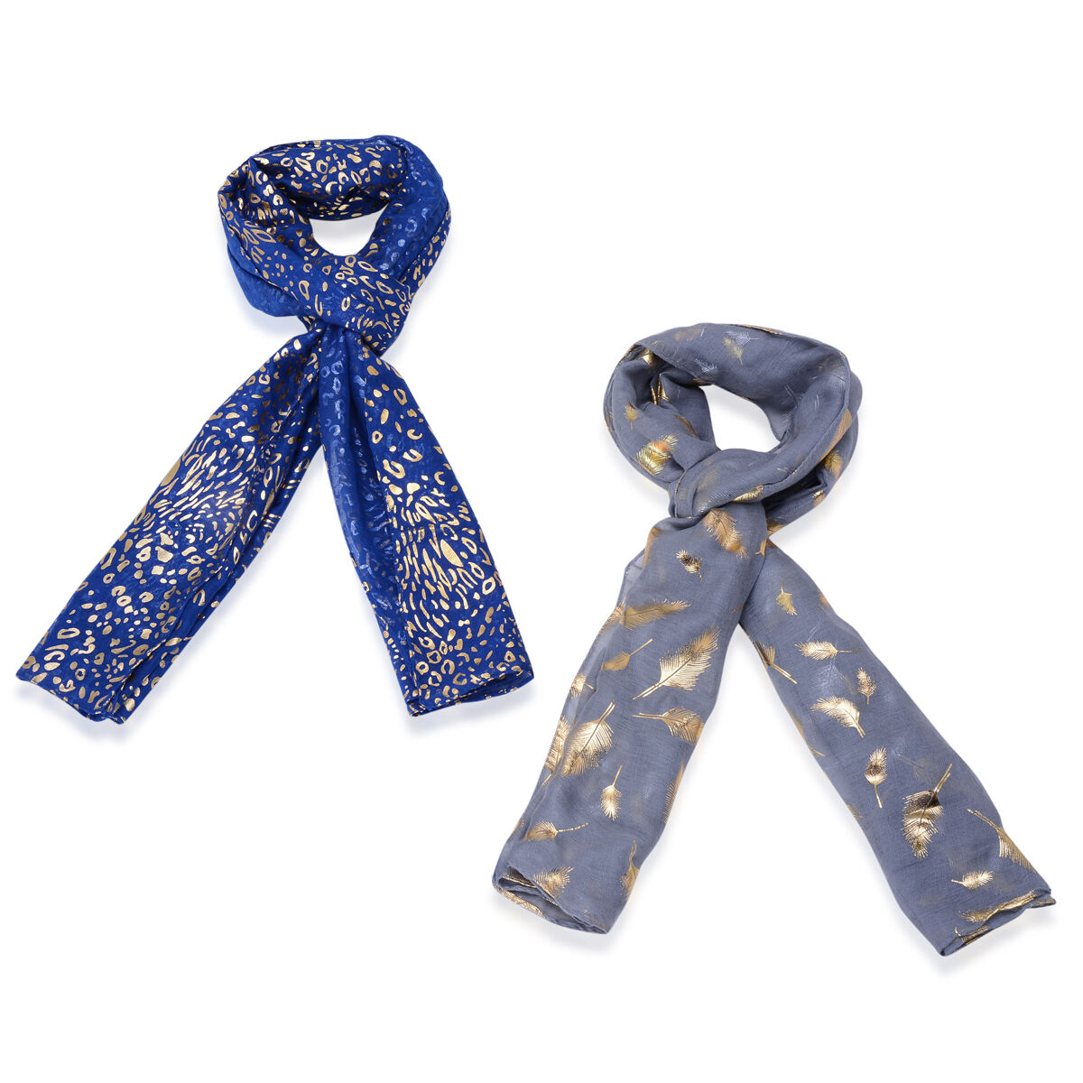 Set of 2 - Leopard Pattern Royal Blue Colour and Golden Leaves Pattern Grey Colour Scarf with a Hang