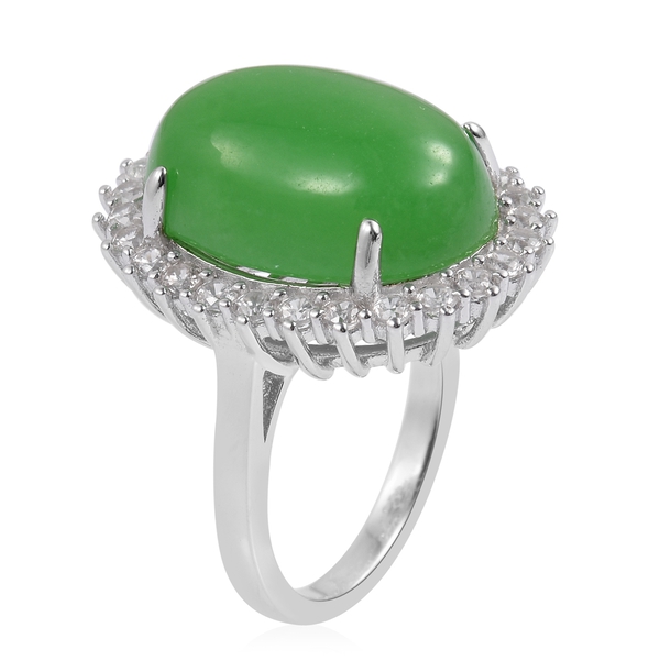Green Jade (Ovl 14.00 Ct), Natural White Cambodian Zircon Ring in Rhodium Plated Sterling Silver 15.450 Ct.