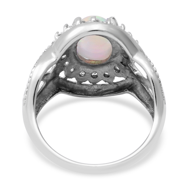 Ethiopian Welo Opal and Natural Cambodian Zircon Ring in Rhodium Overlay Sterling Silver 1.89 Ct.