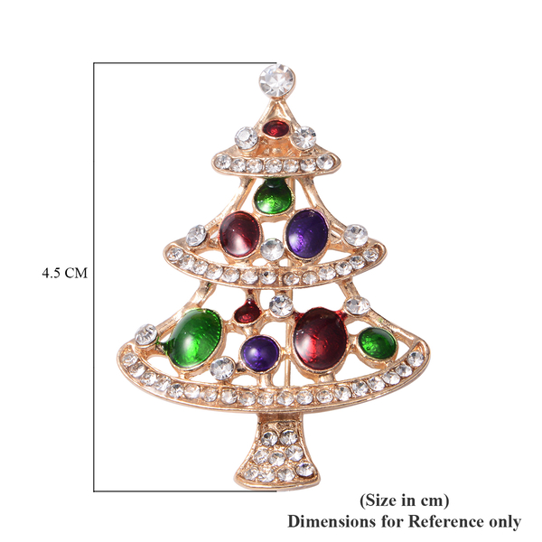 Christmas White Austrian Crystal Tree Enamelled Brooch in Yellow Tone